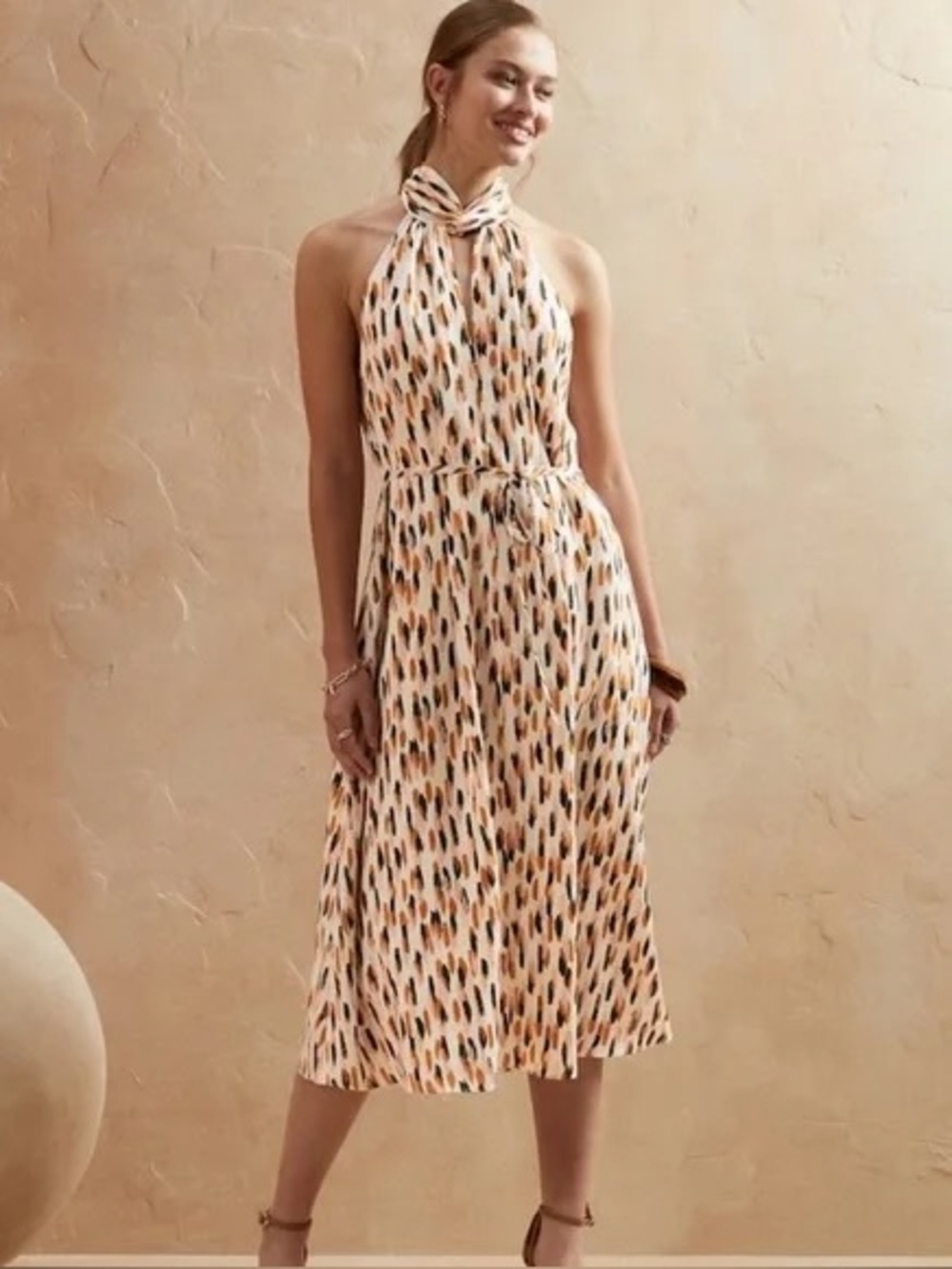 Banana Republic Factory Cream Halter Midi Dress with Mustard & Black Spot Print